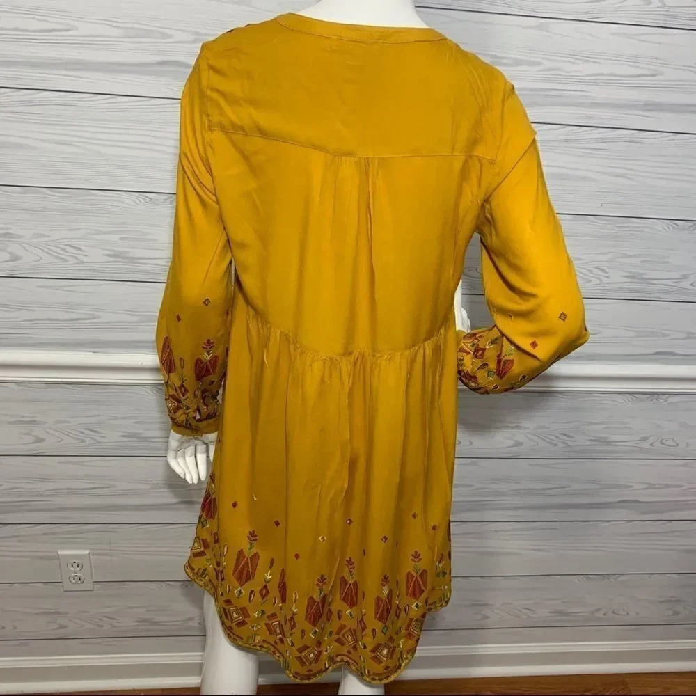 Beach Lunch Lounge Mustard Yellow Aztec Finely Embroidered Boho Dress - S‎